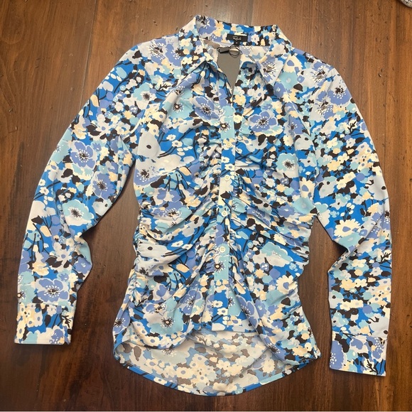 Rails Lisa Blouse Small Zinnia Blue Floral Long Sleeve Stretch Button Up Ruched - Picture 4 of 16